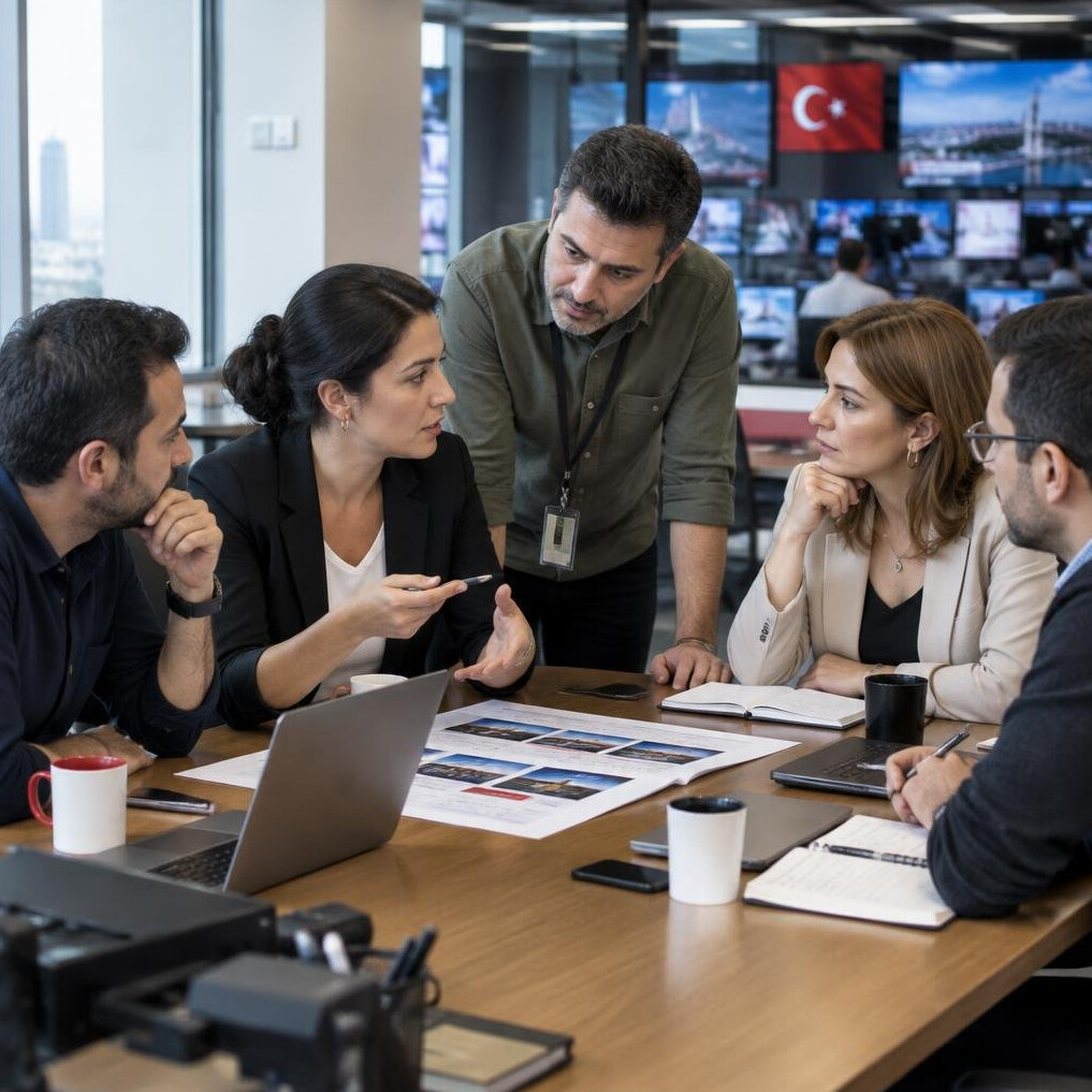 Diverse team of Turkish broadcast professionals discussing around a table in a newsroom
