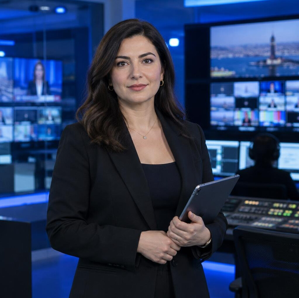 Turkish businesswoman media consultant holding a tablet in a broadcast control room