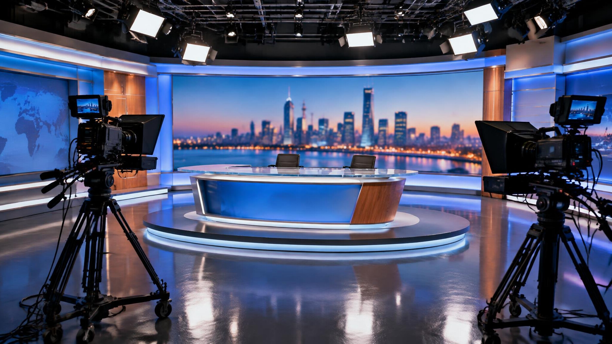Empty television news studio set with cameras and desk under bright lighting