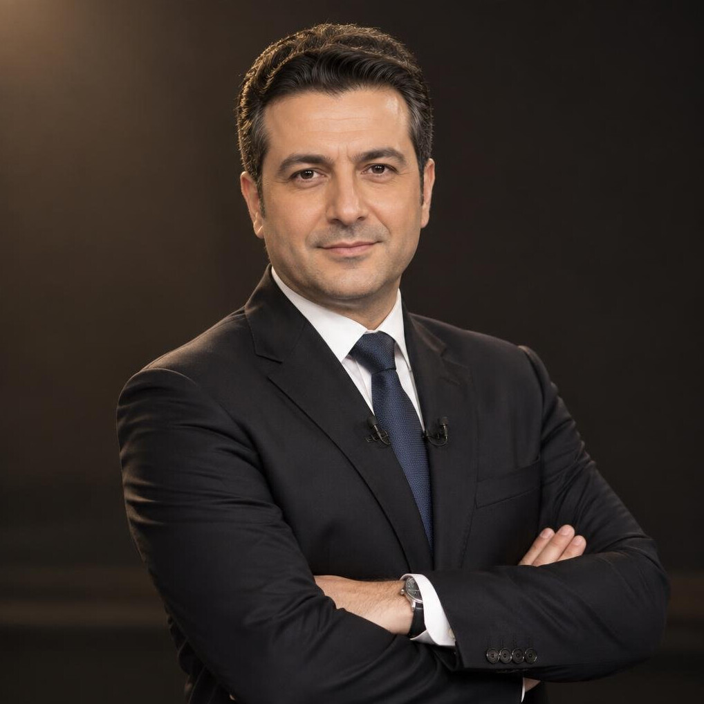 Turkish television news anchor in a suit smiling confidently in a TV studio
