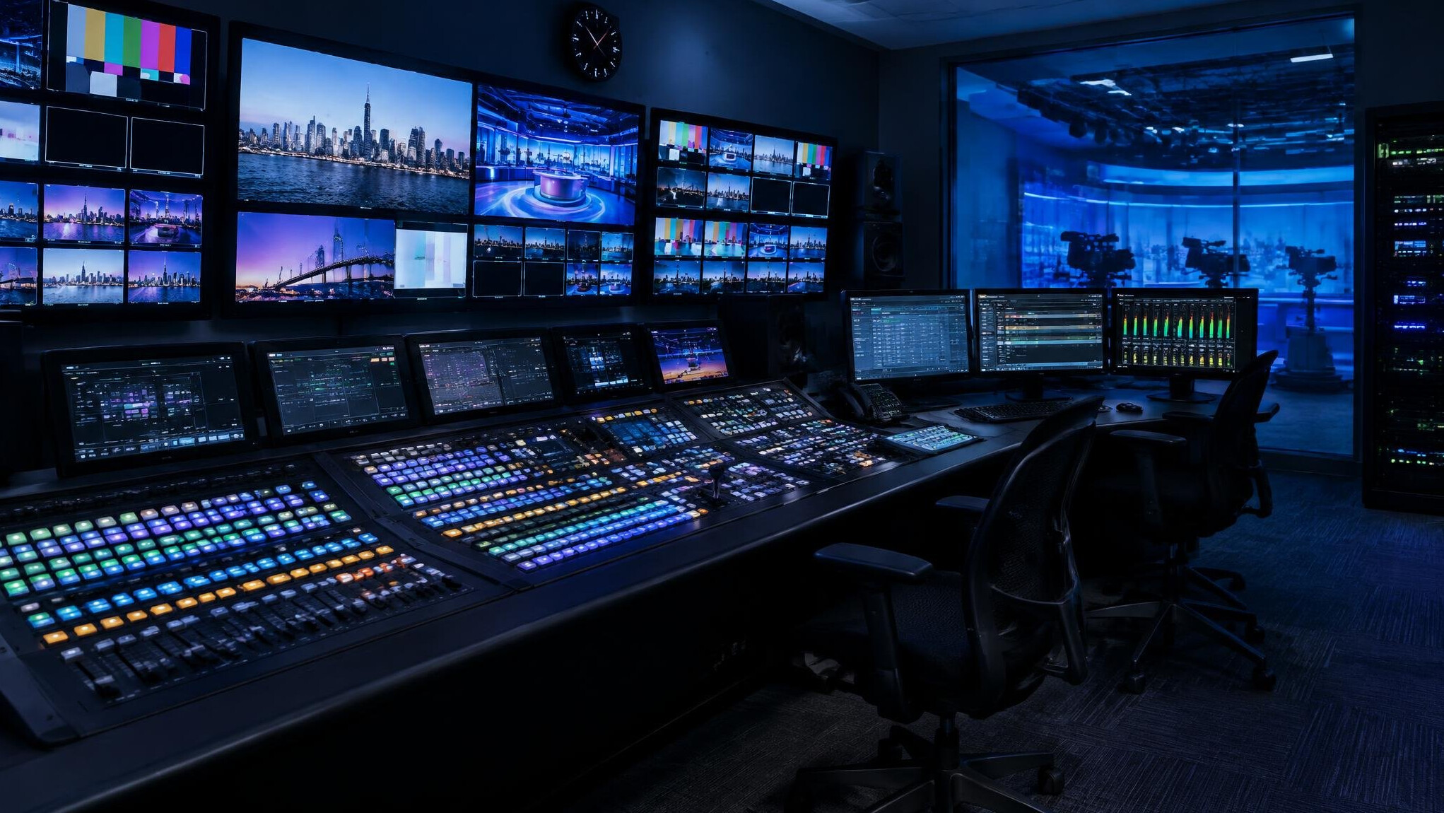 Television broadcast control room with multiple screens and a mixing console